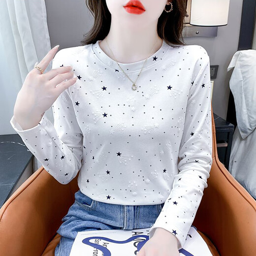 红蜻蜓纯棉时尚印花打底衫女长袖秋季新款修身百搭圆领T恤内搭上衣 DD1396#（白色）长袖 M 【建议91-105斤】