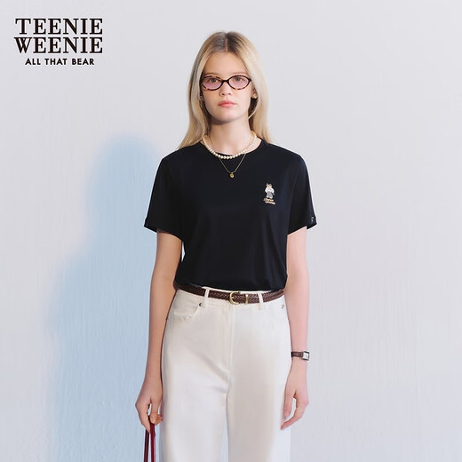 Teenie Weenie小熊女装夏季圆领短袖T恤简约时尚宽松松弛休闲上衣 黑色 160/S