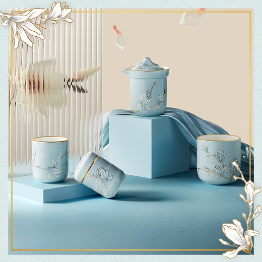 Magalonte New Year's gift portable travel tea set outdoor set one pot two cups with tea can gift box for 2 people 6 pieces aqua blue-enamel color 6 pieces