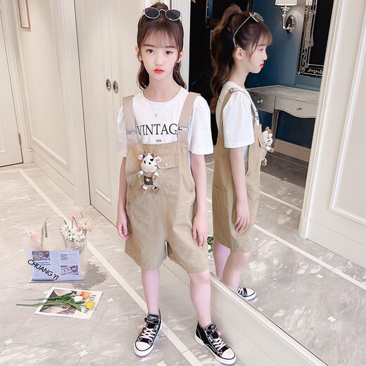 小咕嘟熊童装女童套装夏装中大儿童装休闲短袖两件套小女孩衣服背带裤服装 粉色 140