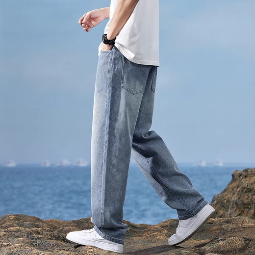 棉致浅蓝色星空纹阔腿牛仔裤男2024宽松直筒美式高街休闲长裤 702复古蓝 M