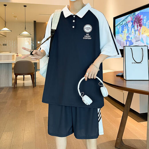 简方位大童男装12岁到15岁短袖中学生T恤夏季POLO衫套装男孩12-15岁青少 5012绿色短袖+短裤 均码  M 70-100斤左右