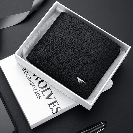 Sieben Wolf Herren Brieftasche Horizontal echtes Leder Kurzes echtes Cowhide Brieftasche einfaches Krokodilmuster reiner Schaffell Kantekante Weiche Brieftasche Schwarz Horizontal