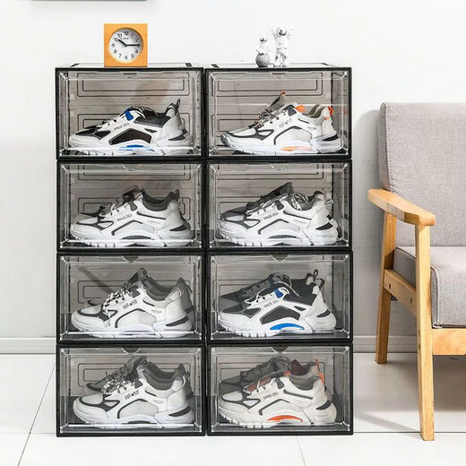 Acrylic shoe box fully transparent magnetic hard plastic transparent drawer type shoe box shoe storage box plus front door transparent black 20 pieces