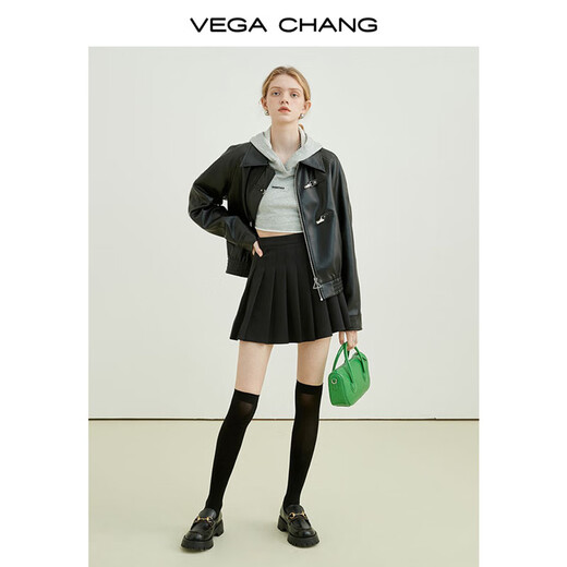 VEGA CHANG机车风皮衣女春秋季2025年韩版bf风一字扣PU皮夹克短外套 黑色 M