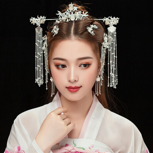 Hanfu hair crown, women's ancient style headwear, full set of ancient costumes, fairy style, tassels, rocking wig hairpin, style 1, platinum ear clip style