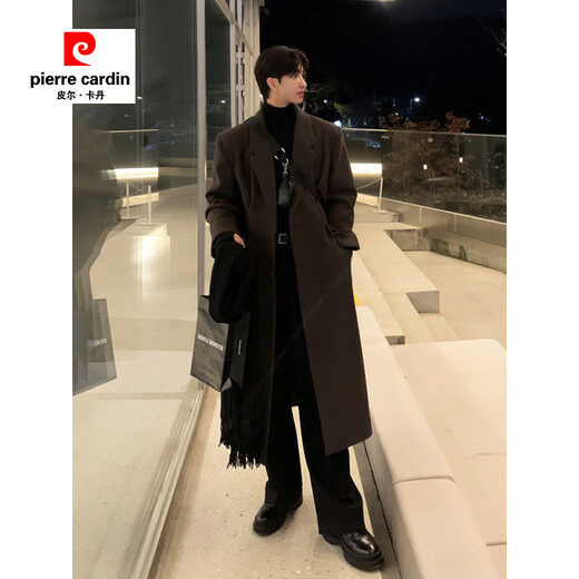 皮尔卡丹（pierre cardin）春秋韩版美拉德毛呢大衣男感中长款垫肩风衣过膝宽松呢子外套 咖啡色（加棉里衬） XL