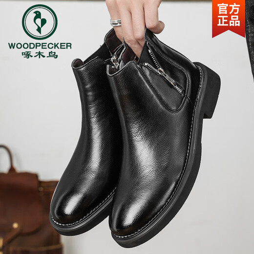 Woodpecker Autumn and Winter Martin Boots Men's Fleece Chelsea Men's Boots Low Top British Style Retro Pointed toe Medium and High Top Leather Shoes Short Boots Black 38 (240mm)