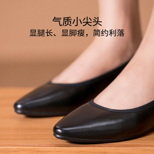 Lu Shinan 2025 new women's shoes genuine leather work shoes for women without fatigue for a long time, soft-soled pointed toe black leather shoes flat-soled comfortable single shoes black flat-soled 557-681Q (1.7cm) 34