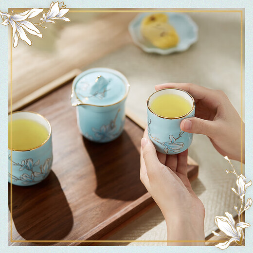 Magalonte New Year's gift portable travel tea set outdoor set one pot two cups with tea can gift box for 2 people 6 pieces aqua blue-enamel color 6 pieces