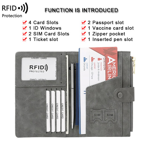 Yunya travel passport protective cover, anti-theft RFID passport ticket holder, multi-functional zipper, national defense scan card holder, gray