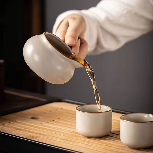 Ru kiln tea set set household stone grinding teapot ceramic kung fu tea cup lazy semi-automatic tea making artifact complete set beige automatic tea making machine + fair cup