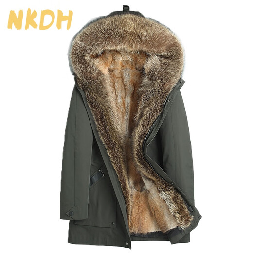 NKDH brand parka men's winter hooded raccoon fur integrated fur coat mink liner workwear warm fur coat green + American raccoon liner rex rabbit fur sleeves 2XL 180