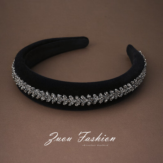 Zuoou hairband for women, high-end, fashionable, wide-brimmed hairpin, black sponge hairpin, velvet rhinestone headband, hair hole headdress, black