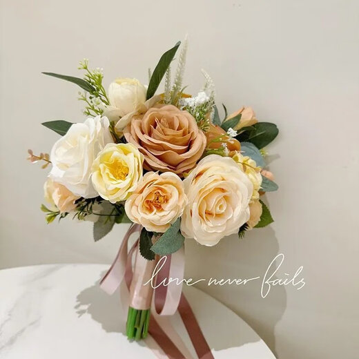 [New recommendation] Retro champagne brown bridesmaids wedding bouquets wedding travel photography simulation Three lives Three lives White + Champagne Peony bouquets
