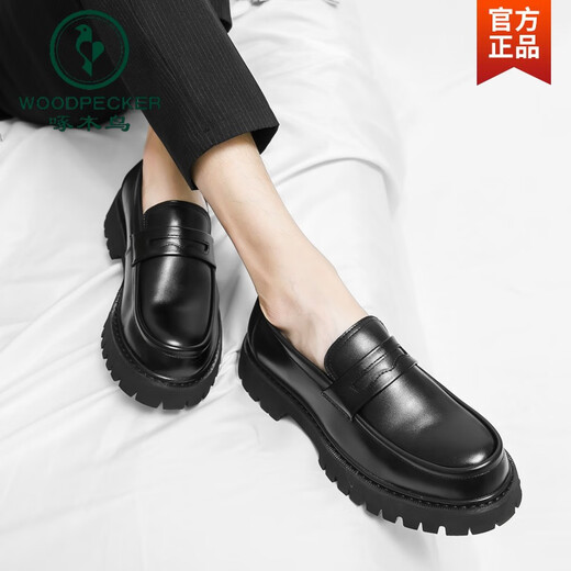 Holzspecker-Herren-Slipper 2025 Frühlings- und Herbst-Herrenschuhe erhöhte dicke alleinige glänzende trendige Lederschuhe Lazy Bohnen Schuhe 3519 Schwarz hochwertige Version 38