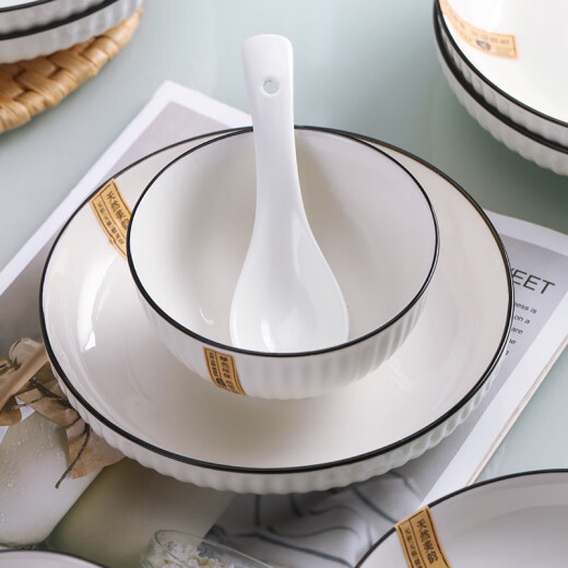 Haoya underglaze color Jingdezhen home bowl and dish set ceramic tableware bowl, plate, chopsticks and spoon combination Yamada vertical pattern 24 heads