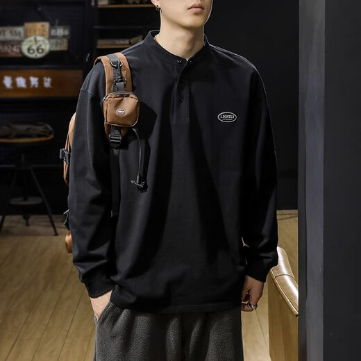 Jeanswest Autumn heavyweight pure cotton Henley collar long-sleeved T-shirt men's spring and autumn sweatshirt American bottoming men's polo shirt top trendy white plus velvet L suitable for 130-145Jin Jin equals 0.5 kg