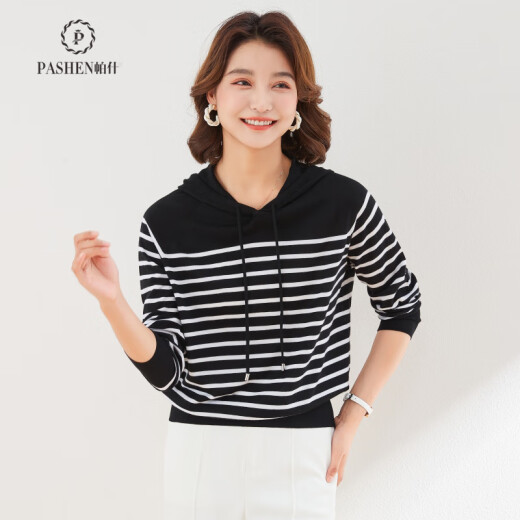 Pash Greater Hoodie Frauen 100% Wolle 25 Frühling neuer Kapuzenstreifen Top Strick Sweater PR-1047 Weiß L.