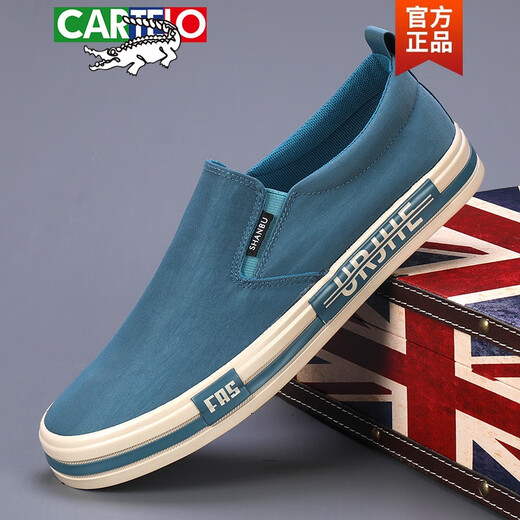 卡帝乐鳄鱼（CARTELO）帆布鞋男2024新款夏透气懒人鞋平底一脚蹬板鞋潮流百搭休闲布鞋 黑米 40