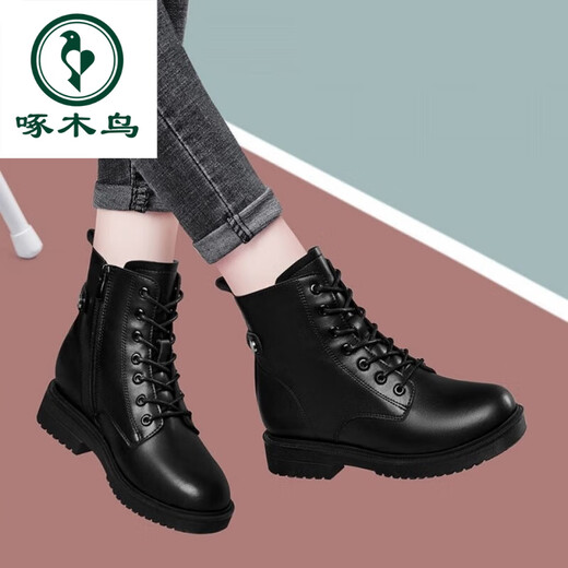 
Woodpecker leather Martin boots for women plus fleece mid-heel 2025 autumn and winter new women's shoes cotton shoes thick heel thick sole British style short boots black plus fleece 37