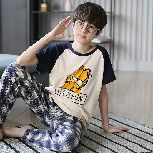 Emberlove Kinderpyjamas Jungen Sommer neue pure Baumwollkinderkinder-Kurzarm-Langhosen Jungen Jungen runden Hals Home Kleidung N9903 [kurz und lang] 150 s Größe 65-80jin [Jin gleich 0,5 kg]