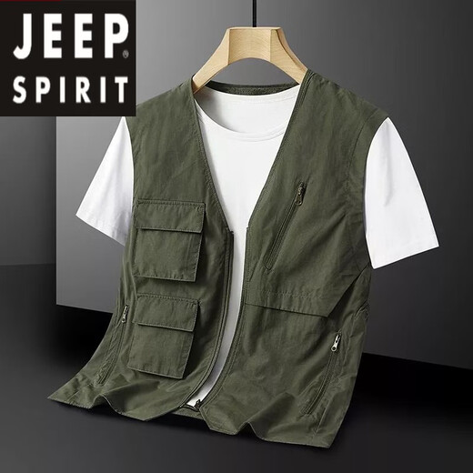 JEEP SPIRIT[无领]夏季男士马甲休闲多口袋轻薄款背心速干工装钓鱼背心坎肩装 灰色 XL 135-155斤