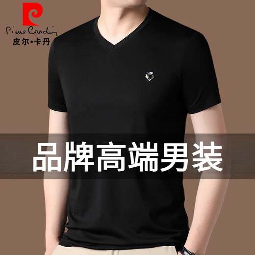 皮尔卡丹（pierre cardin）夏季男士短袖t恤v领桑蚕丝修身薄款高档上衣服男装半袖体恤衫 6998灰色 XL 175140-155斤