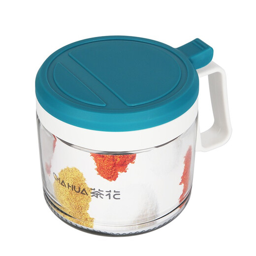 Camellia seasoning box round glass seasoning bottle household kitchen seasoning jar salt shaker seasoning jar seasoning box seasoning with spoon 1 blue + 1 green