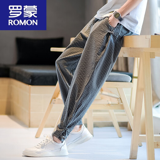 罗蒙（ROMON）夏季中国风男装棉麻九分裤男士条纹裤子亚麻裤男宽松大码束脚裤男 983灰色 3XL 155-165