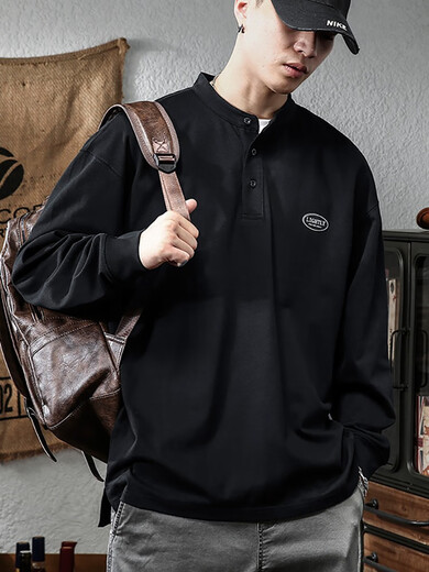 Huan Luo American Heavyweight Long Sleeve T-Shirt Men's Loose 2025 Spring Henry Collar POLO Top Men's Retro Bottoming Shirt White White M 100-120Jin Jin is equal to 0.5 kg