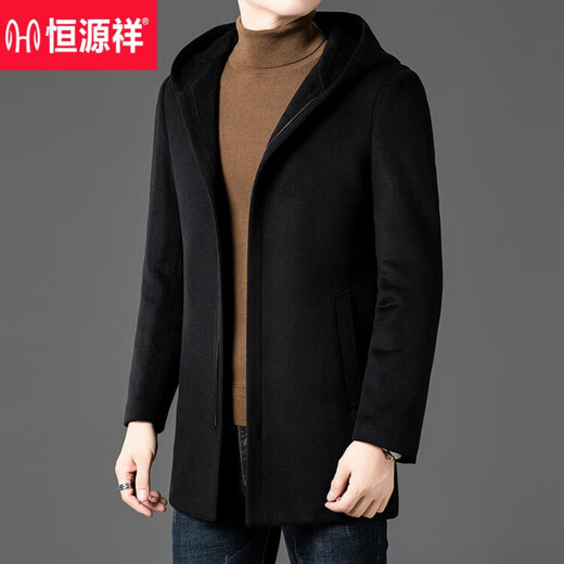 恒源祥羊毛大衣男双面呢子外套男士羽绒内胆冬季中年爸爸衣服男装上衣潮 黑色 180