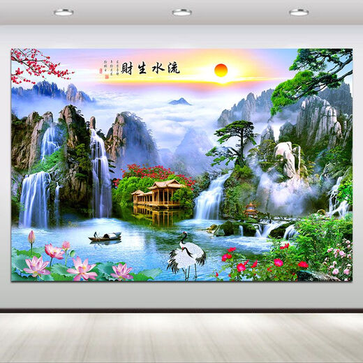 The landscape painting of the flowing water makes money, beautiful artistic conception, living room attracts wealth, and hanging paintings, welcoming pine waterfall background mural A32PP glue with glue on the back 80*120 cm
