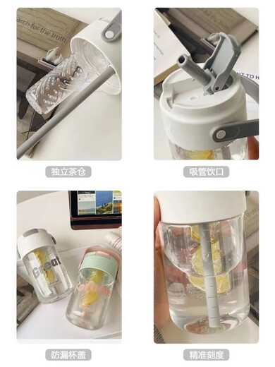 宜乐舒ppsu水杯成人泡茶杯女生高颜值大容量便携式运动杯夏季新款带茶隔 春色绿689ML【配茶隔提手】 1L 杯子+3D贴+杯刷+吸管刷