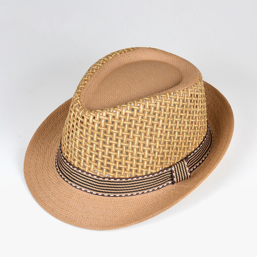 Nozhi Meng summer middle-aged and elderly straw hat men's top hat jazz hat summer beach hat mesh British sun hat NM674 hollow plaid khaki color one size fits all head circumference 58cm