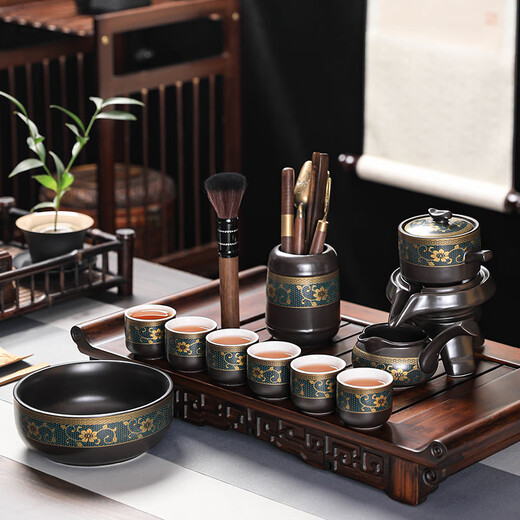 Craftsman's Lazy Tea Set Household Stone Mill Semi-automatic Tea Making Artifact Office Ceramic Anti-scalding Kung Fu Tea Set Complete Set Fragrant Automatic Tea Set + Black Square Tea Tray 10 Pieces