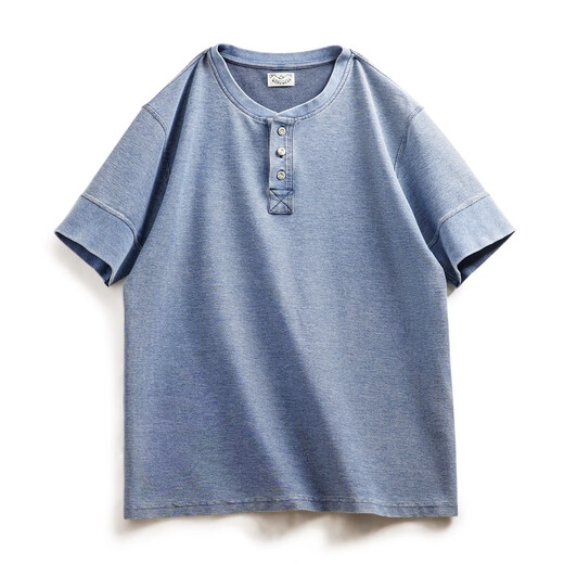 Maden Workwear American Retro Og Strick Denim Henry Shirt Ami Kaji alter harter Kerl kurzärmeligte T-Shirt Herren Sommer Indigo (gewaschen blau) m