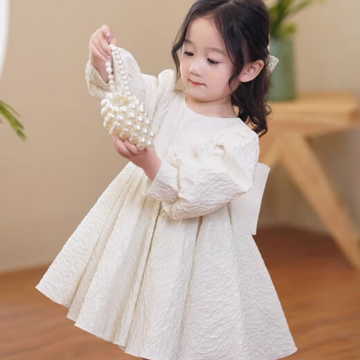 Nian Lulan Princess Dress Girls 2024 Spring and Autumn Korean Flower Girl White Dress One Year Old Dress Baby Girl Summer White Long Sleeves with Pearl Headband 90
