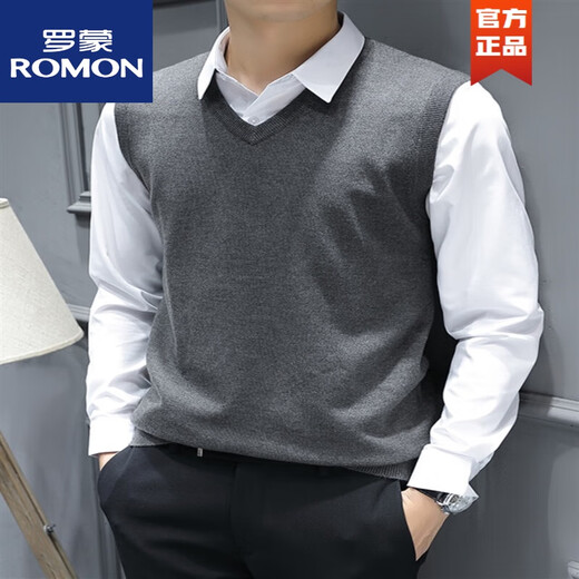ROMON Fashion men's knitted vest vest autumn and winter sleeveless sweater slim vest base shirt V-neck thread SXZFS-14126 khaki + dark blue L