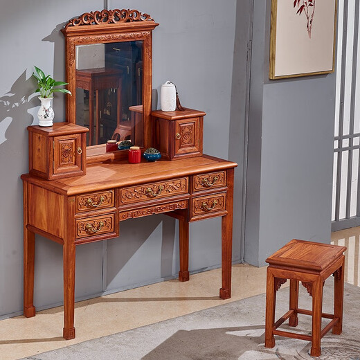 Andi mahogany furniture Burmese rosewood (scientific name: Big fruit rosewood) Chinese style all solid wood dressing table with makeup mirror makeup stool bedroom furniture small dressing table dressing table dressing table + makeup stool