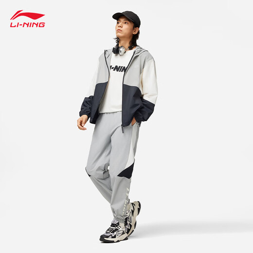 李宁运动潮流系列男子24撞色宽松运动夹克风衣 灰黑色拼色AFDU363-1 L