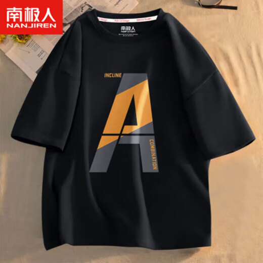 Nanjiren short-sleeved t-shirt men's ins trend letter printing large size fat half-sleeved youth casual all-match cotton top black (slanted letters) L [recommended about 115-135 Jin [Jin equals 0.5 kg]]