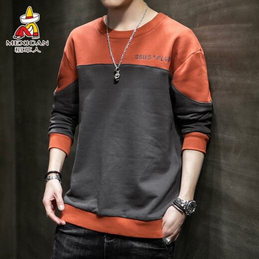 Scarecrow (MEXICAN) sweatshirt for men Korean version with letters, versatile long-sleeved T-shirt for male students, trendy round neck men's top 9F198110521 Brick Red XL