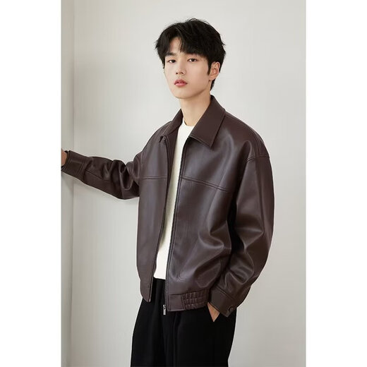 NUKM lapel pu leather jacket men's 2026 spring and autumn new motorcycle wear leather jacket casual men's tops trend black L