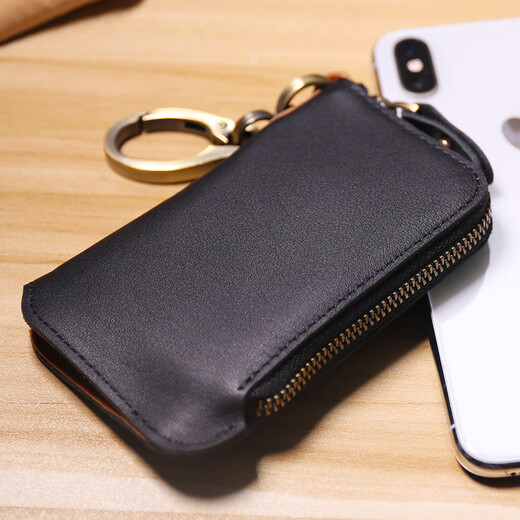 Doberman brand large-capacity zipper key bag for men's retro waist-hung real cowhide women's card bag car multi-function keychain elegant black fine lines