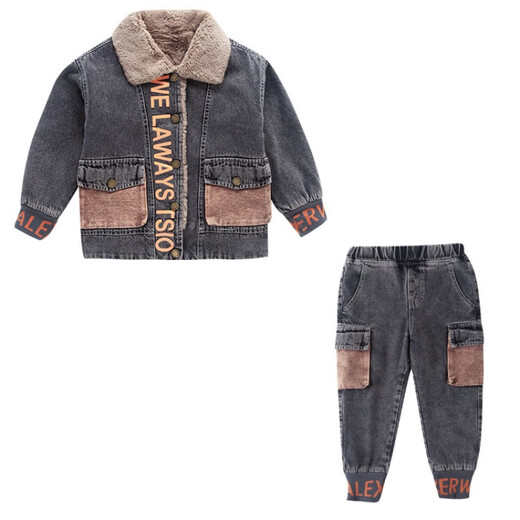 Katu Blue Cat Boys' Velvet Suit Autumn and Winter New Korean Style Children's Fashionable Thickened Splicing Denim Jacket + Leg Pants Two-piece Set Boys' Clothes Student Winter Warmth Street Trend 9 Gray 130