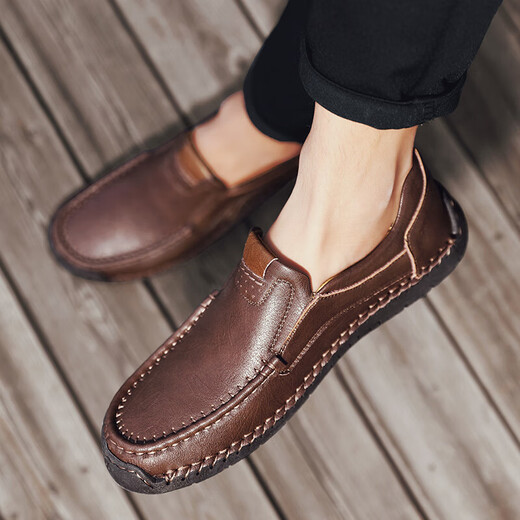 Camel men's shoes for autumn new genuine leather soft sole loafers one-size large-size hand-sewn casual leather shoes for men 9918 dark brown 4326.5