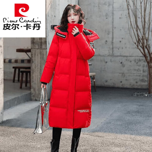 Pierre Cardin down jacket mid-length women's 2025 winter new thickened warm extra long fashion loose cotton jacket black (original quality) XL recommended 125-140Jin Jin equals 0.5 kg