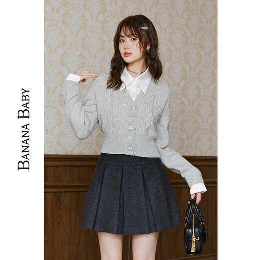 Banana Baby (BANANA BABY)BANANA BABY2024 winter retro college style pleated woolen skirt women's short skirt D244QZ687 dark gray M