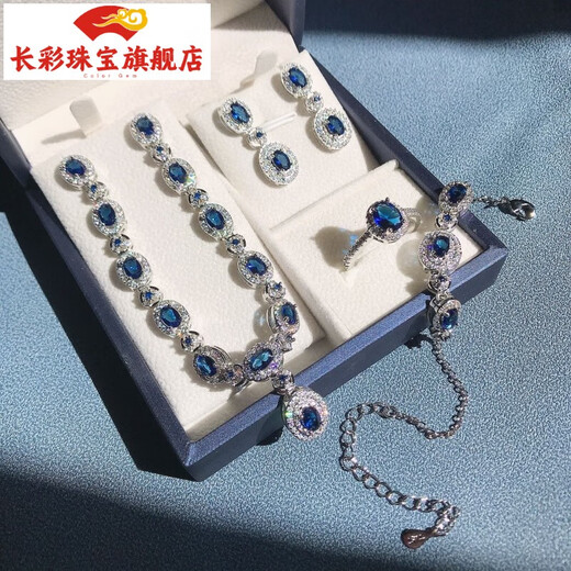Long-color tanzanite necklace for women, sterling silver, full of diamonds, sapphire, light luxury lady's jewelry set, dinner party, flower ring, tanzanite blue
